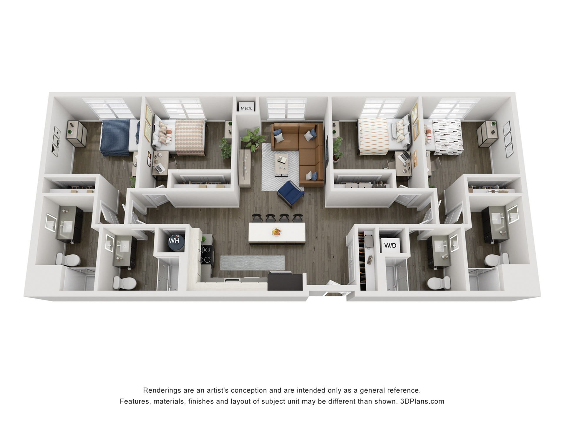 A 3D image of the 4BR/4BA – D1 floorplan, a 1556 squarefoot, 4 bed / 4 bath unit