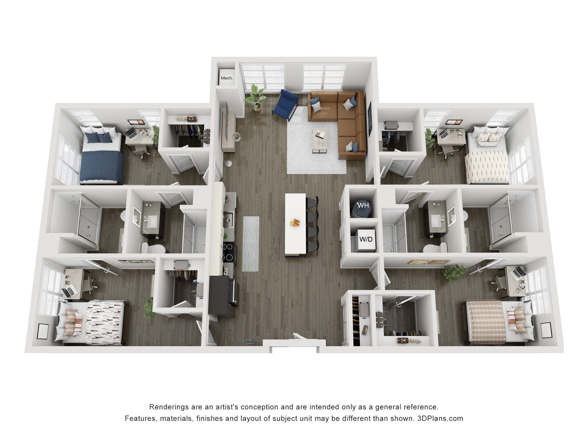 A 3D image of the 4BR/4BA – D2 floorplan, a 1664 squarefoot, 4 bed / 4 bath unit