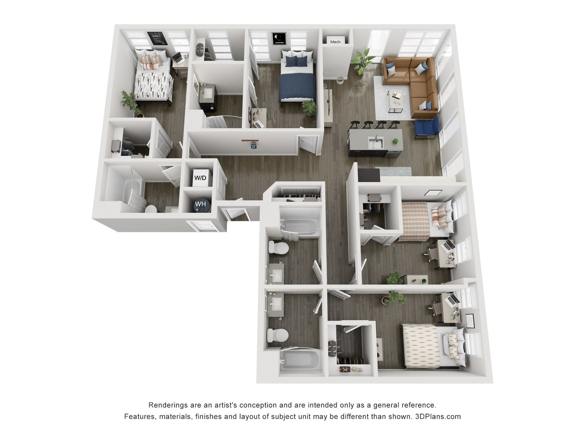 A 3D image of the 4BR/4BA – D3 floorplan, a 1616 squarefoot, 4 bed / 4 bath unit