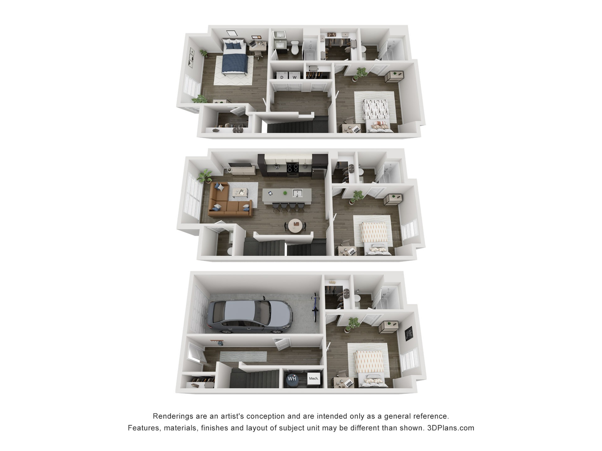 A 3D image of the 4BR/4.5BA – D5 Townhome floorplan, a 2212 squarefoot, 4 bed / 4.5 bath unit