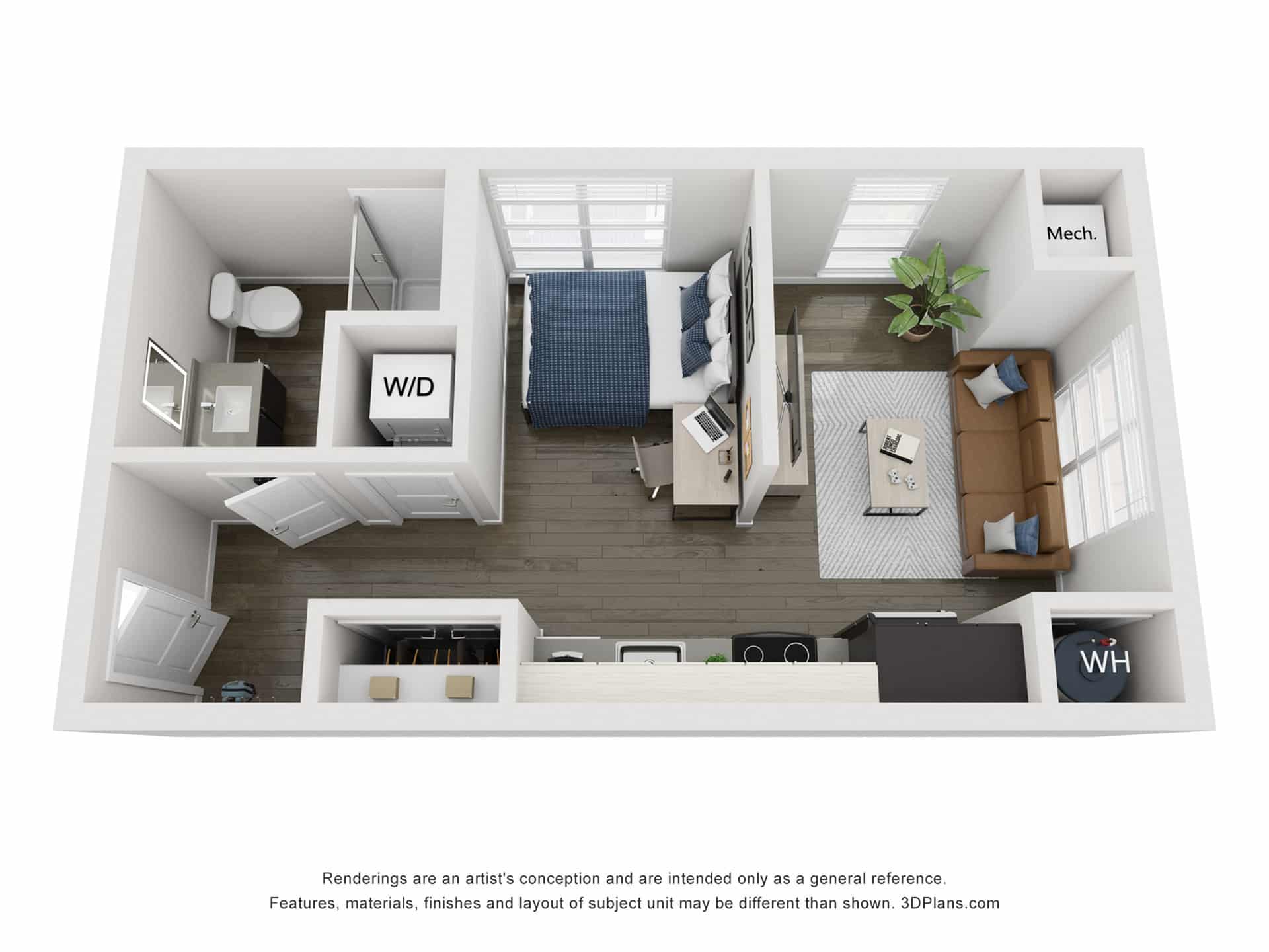 A 3D image of the Studio – S1 floorplan, a 420 squarefoot, 0 bed / 1 bath unit