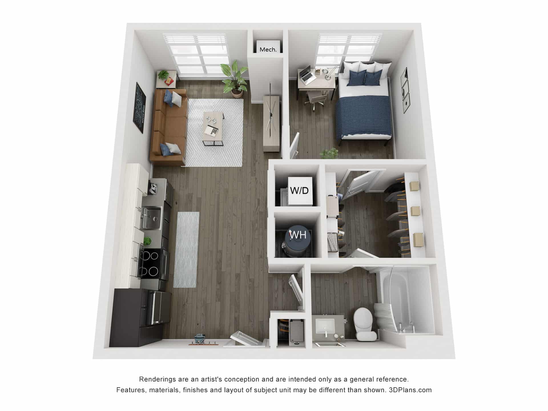 A 3D image of the 1BR/1BA – A1 floorplan, a 624 squarefoot, 1 bed / 1 bath unit