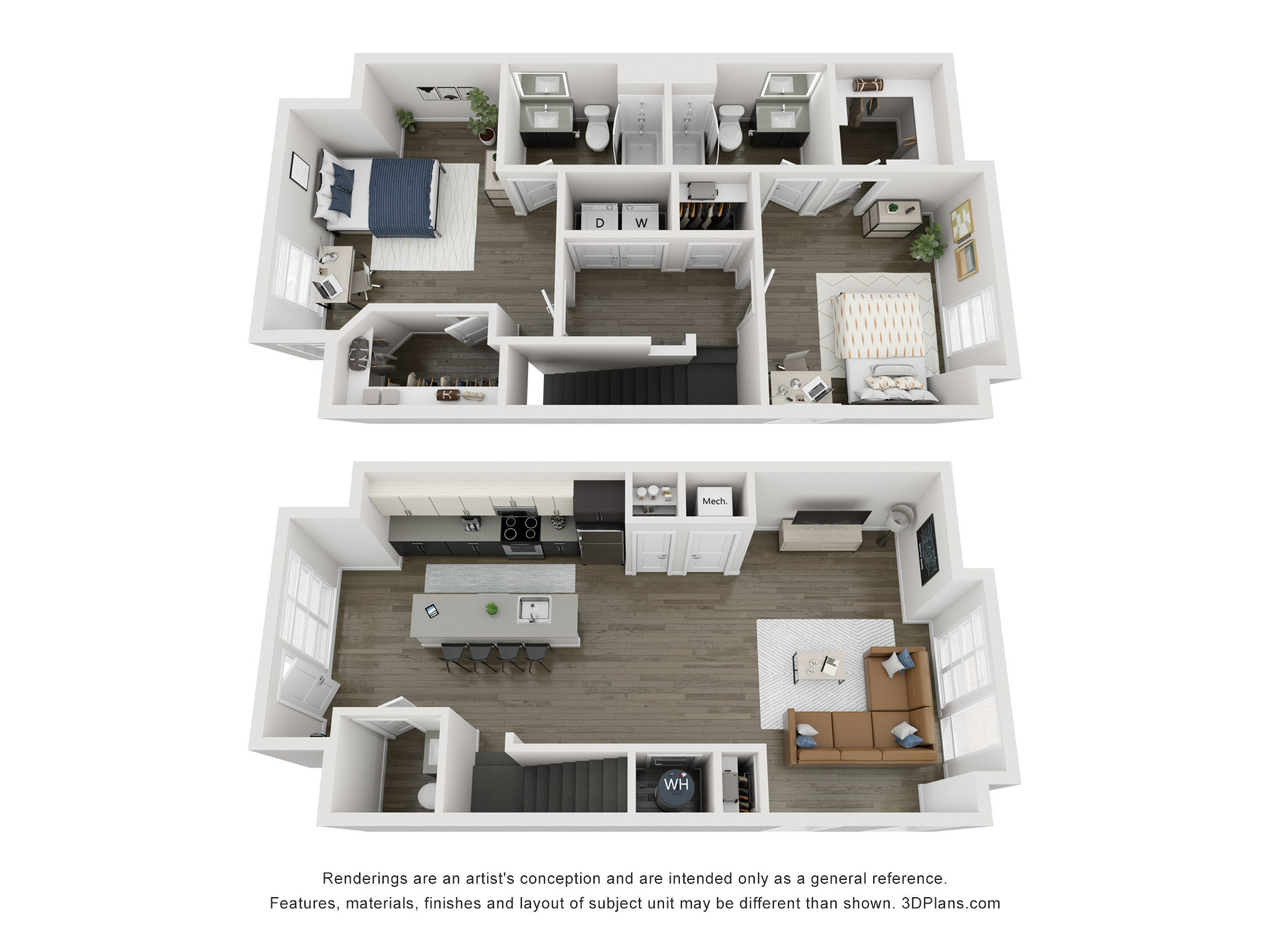 A 3D image of the 2BR/2.5BA – B3 Townhome floorplan, a 1456 squarefoot, 2 bed / 2.5 bath unit