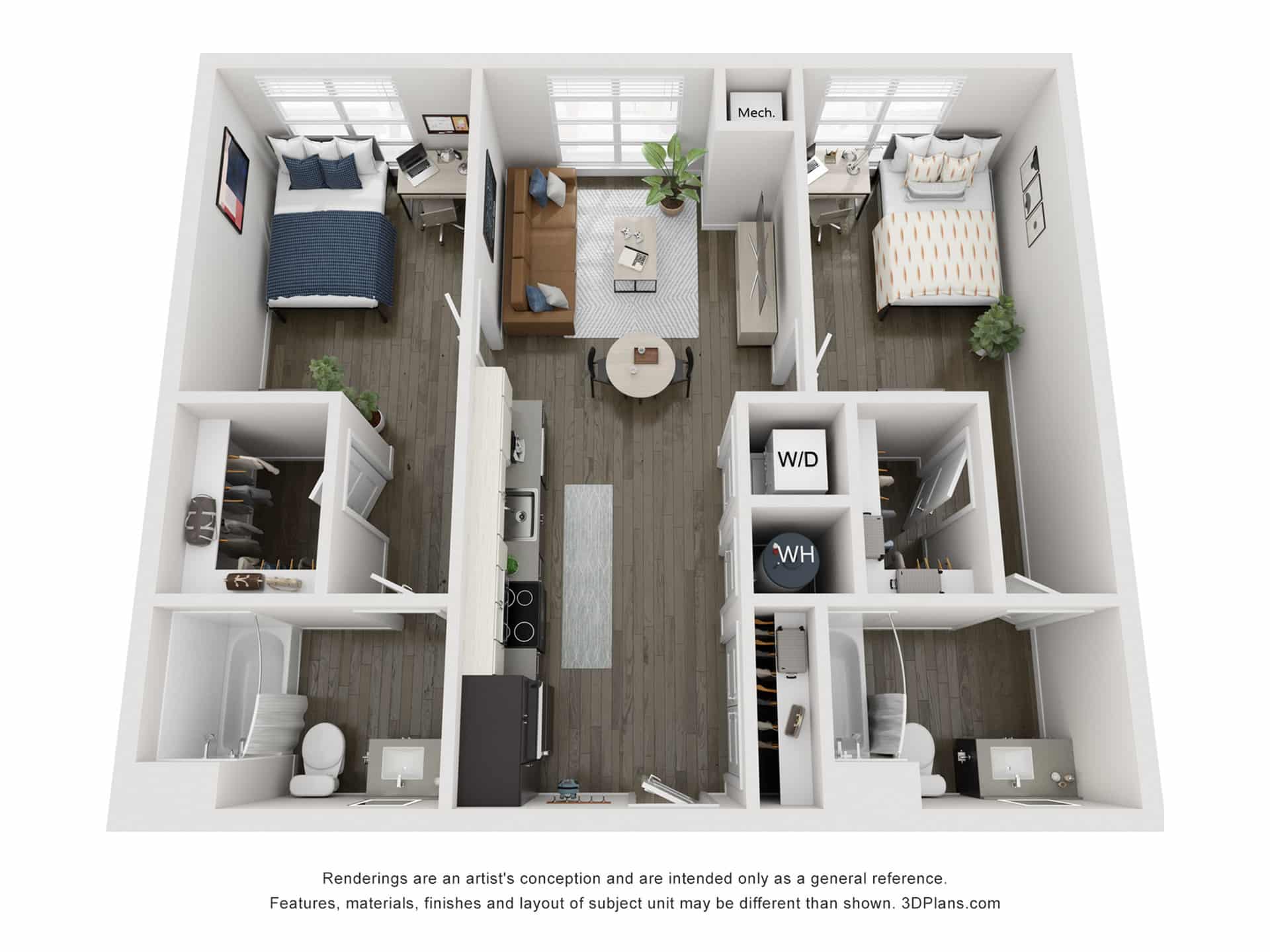 A 3D image of the 2BR/2BA – B1 floorplan, a 924 squarefoot, 2 bed / 2 bath unit