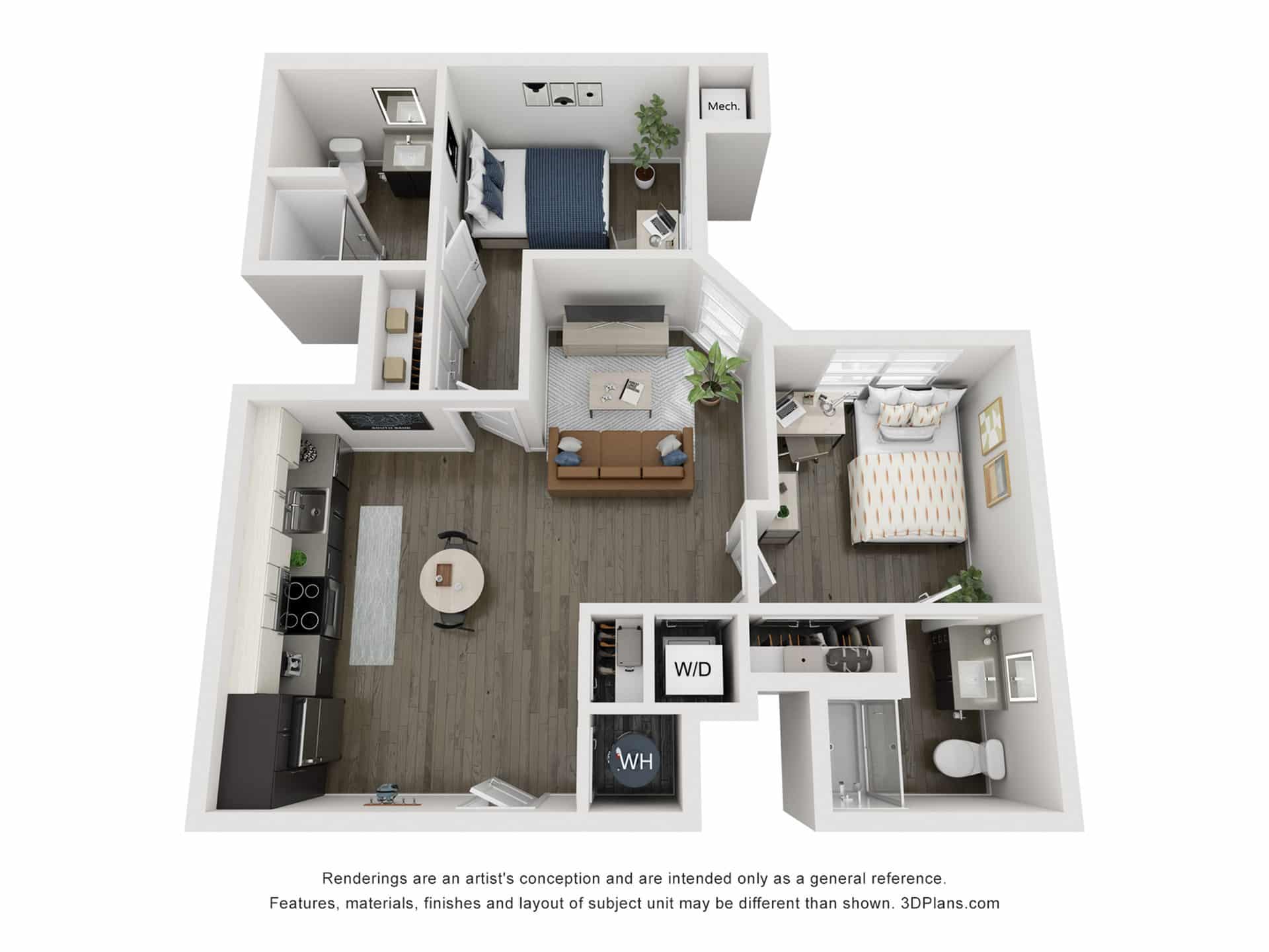 A 3D image of the 2BR/2BA – B2 floorplan, a 862 squarefoot, 2 bed / 2 bath unit