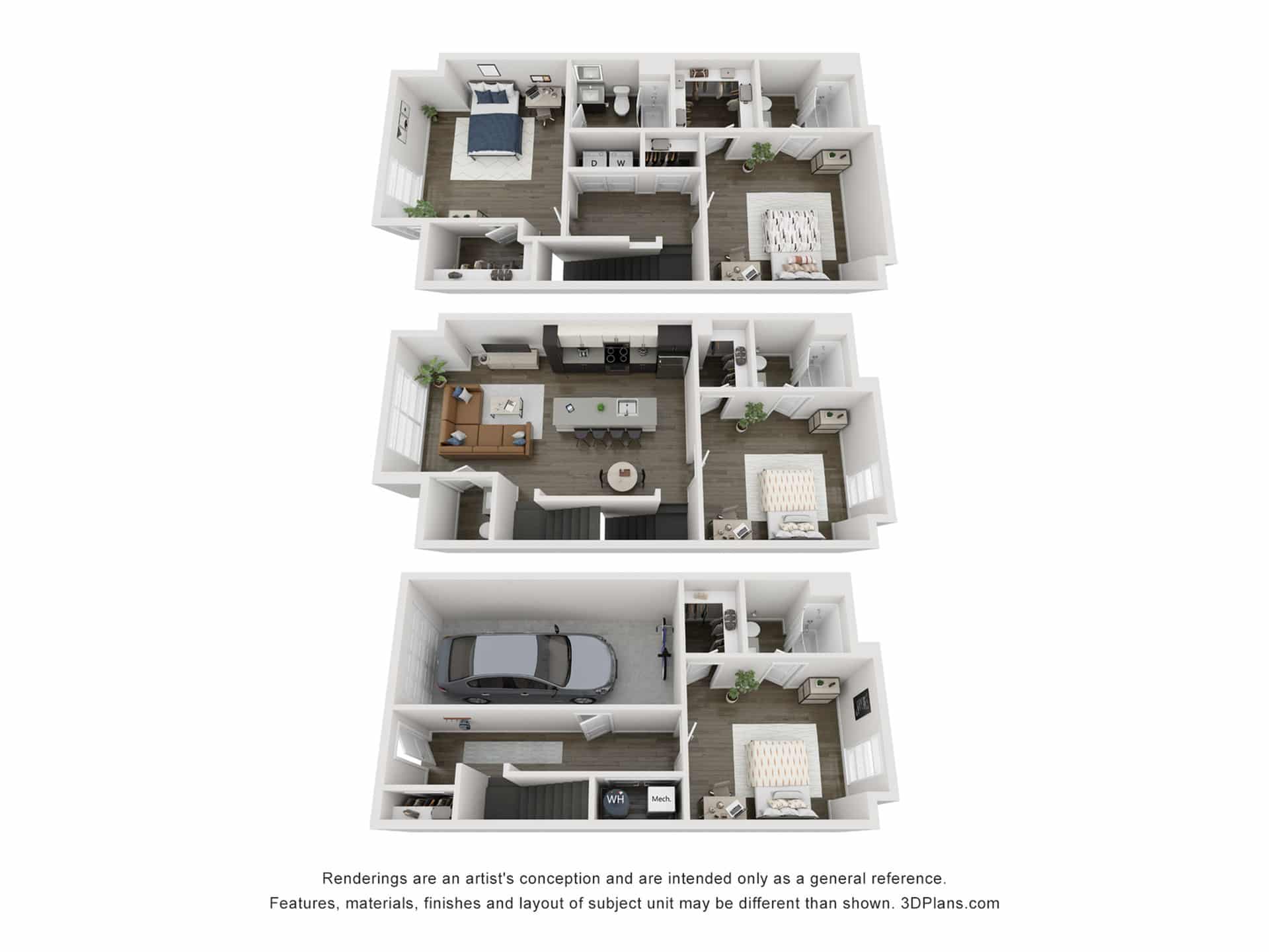 A 3D image of the 4BR/4.5BA – D4 Townhome floorplan, a 1644 squarefoot, 4 bed / 4.5 bath unit